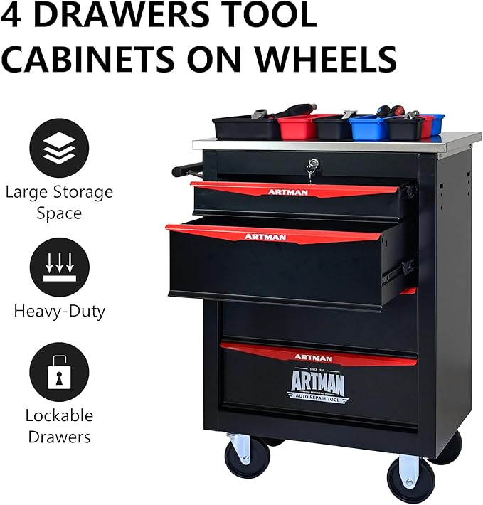 RYH 4/5/6/7 Drawers Rolling Tool Chest -Heavy Duty Mobile Metal Tool Box with Locking Wheels, with Stainless Steel Worktop, Garage Tool Storage Cabinet (Black, 4-Drawers 30.7 H¡¿22.2 W)