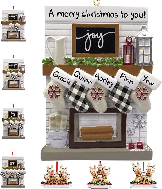 Personalized Christmas Ornaments 2023 Fireplace Mantle Family of 2/3/4/5/6 Custom Joy Family Members' Name for Xmas Tree Decorations Customized New Year Keepsake Family Ornament（Family of 5）