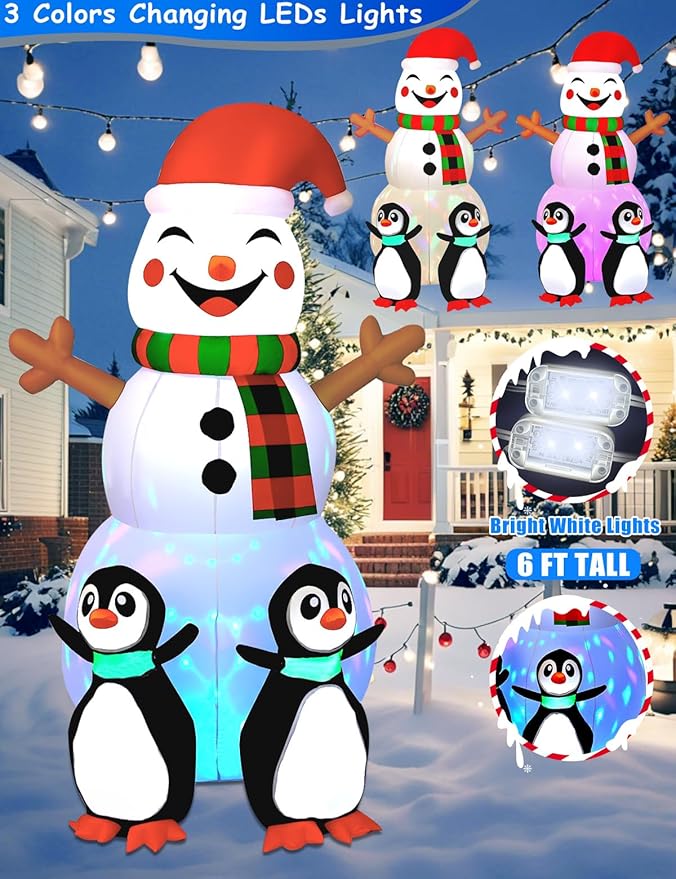 6FT Christmas Inflatables Outdoor Decorations,Inflatable Snowman with 2 Penguins Build-in LED Light-Christmas Blow Up Yard Decorations for Indoor/Outdoor Holiday Garden Lawn Yard Patio