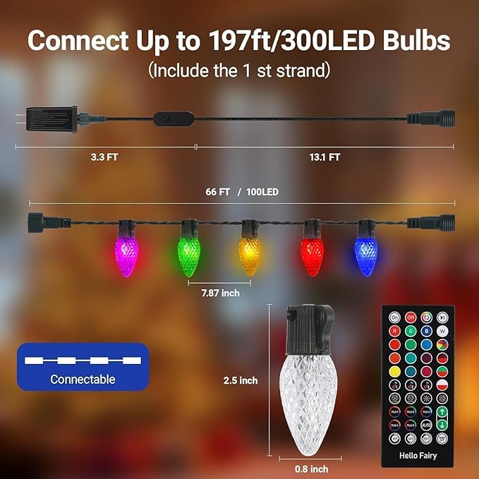 Smart C9 Christmas Lights Outdoor, 66FT 100 LED RGB with Remote,App Bluetooth Music Sync, DIY Scenes & Timers, Connectable to 198FT, IP44 Waterproof Roofline Eaves Porch Fence Decorations