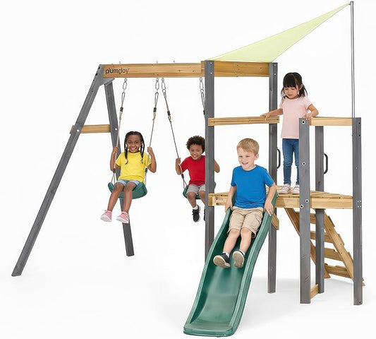 Plum Barbary Wooden Toddler Swing Sets for Backyard with Wave Slide, Playground Sets for Backyards, Kids Outdoor Play Equipment with Adjustable Swings, Climbing Ladder, Sturdy, Weatherproof, Age 3+yrs