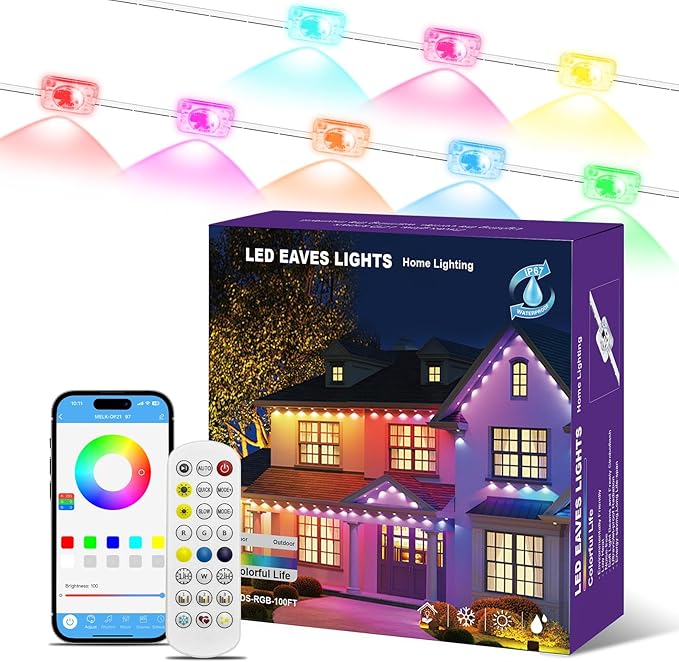 Permanent Outdoor Lights for House, 100ft RGB+IC House Eave Lights, 50 Scene Modes, App/Remote Control, IP68 Waterproof, Smart Outdoor Light for Christmas, Halloween, Party Decor, House Roof Lighting