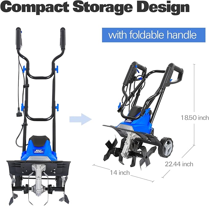 BILT HARD 14 10Amp Electric Garden Tiller | 4 Steel Tines Tiller Cultivator with Foldable Handle & Adjustable Wheels for Soil Cultivation, Weeding, Portable Gardening