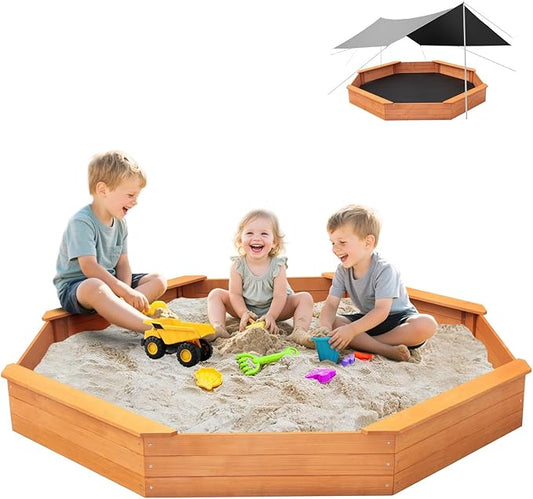 Kids Large Octagonal Wooden Outdoor Sandbox with Cover, 4 Built-in Benches Extra Large Sandpit, Bottom Liner, Playset Gift for Backyard Garden Easy Assembly