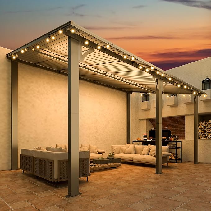 AECOJOY 14' x 8' Gazebo Outdoor Pergola for Patio, Hard Top Lean to 8x14 Gazebo Shelter Pergolas and Gazebos Clearance with Patio Roof, Large Wall-Mounted Heavy Duty Awnings for Patio, Decks, Backyard