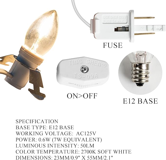 Dazzle Bright 4 Pack 6 FT Accessory Cord with LED Light Bulb E12 Socket White Cord with On/Off Switch Plug, C7 Candelabra Light Bulbs for Holiday Decorations, Christmas Village House, Pumpkin Lights