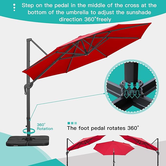Sunnyglade 11Ft Cantilever Patio Umbrella Deluxe Offset Umbrella 360°Rotation & Integrated Tilting System Heavy Duty Patio Hanging Umbrella for Market Garden Deck Pool Backyard Patio (Red, 11 ft)