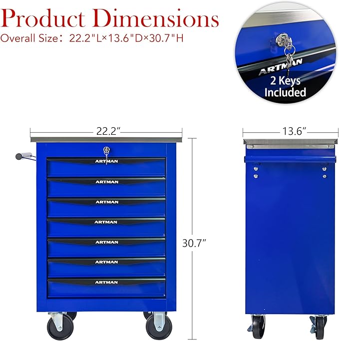 RYH 4/5/6/7 Drawers Rolling Tool Chest -Heavy Duty Mobile Metal Tool Box with Locking Wheels, with Stainless Steel Worktop, Garage Tool Storage Cabinet (Blue, 7-Drawers 30.7 H¡¿22.2 W)