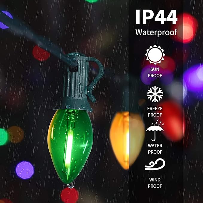 C7 Christmas Lights Multicolor 25Ft Outdoor Patio String Light with 27 LED Clear Multicolor Bulbs, Vintage Christmas Lights for Outdoor Roofline Xmas Garden Wedding Party Decorations- Green Wire