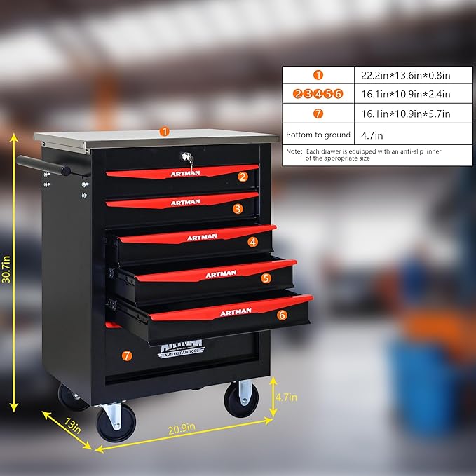 RYH 4/5/6/7 Drawers Rolling Tool Chest -Heavy Duty Mobile Metal Tool Box with Locking Wheels, with Stainless Steel Worktop, Garage Tool Storage Cabinet (Black, 6-Drawers 30.7 H¡¿22.2 W)