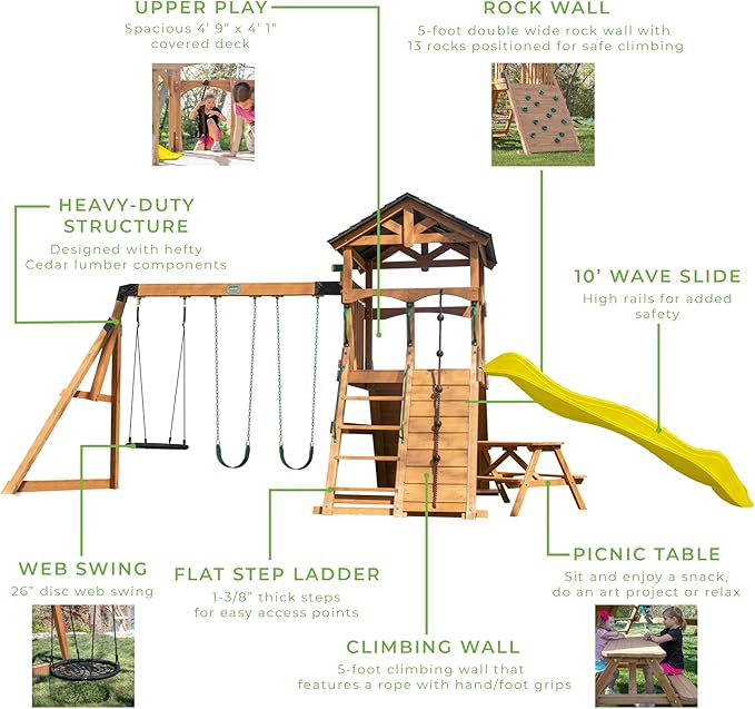 Backyard Discovery Endeavor II Cedar Wood Swing Set with Wave Slide, Play Deck, Double Rock Wall, Picnic Table, Climbing Wall, Belt Swings, Web Swing, Toy Telescope, Step Ladder, Outdoor Playset