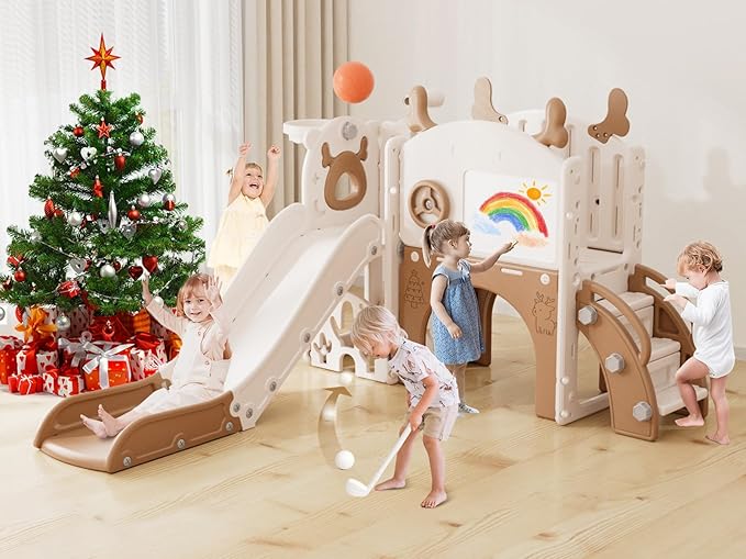 XJD Toddler Slide,12 in 1 Kids Slide for Toddlers 1-3, New Upgrade with Golf Set, Basketball Hoop, Drawing Board for Indoor Outdoor Playset,Toddler Playground (Brown)