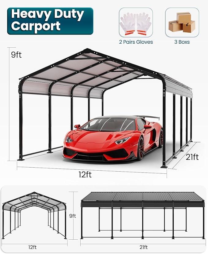 Metal Carport 12x21 Heavy Duty Easy Snow Off & Self Draining Design, 70KG/㎡ Load Ideal for Snow/Rain/Wind Conditions, Enhanced Base & Double Rust Proof Coating & Galvanized for Boats and Car, Truck