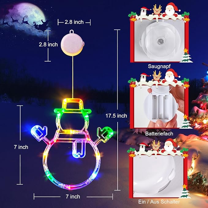 LOLStar Christmas Window Lights, 3 Pack Multicolor Christmas Stocking, Snowman, Santa Hat Lights with Suction Cup, Timer Function and Slow Fade Mode Battery Operated