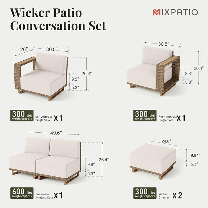 Outdoor Patio Furniture Set, 6 Piece Outdoor Rattan Wicker Sofa Couch Set, Sectional Outdoor Conversation Sets with 10" Extra Thick Cushions for Deck Backyard Lawn
