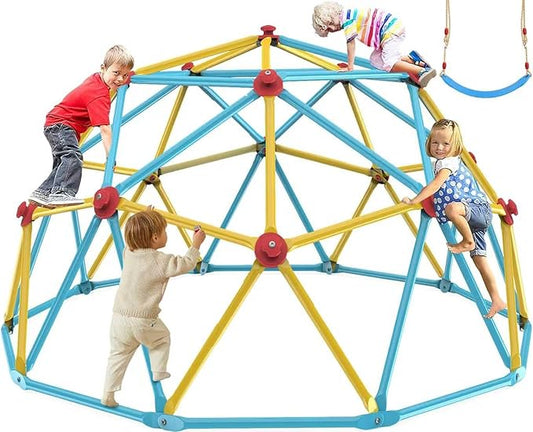 Easyego Climbing Dome, 10FT Jungle Gym with Swing for Kids 3 to 10 Outdoor Play Equipment, Supports 800lbs Toddler Play Set, Anti-Rust & Easy Assembly, Gift for Boys Girls (Blue & Yellow)