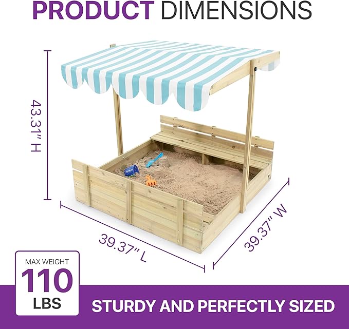 Plum? Kids Outdoor Wooden Sandbox with Lid - Toddler Sensory Toys, Outdoor Sand Box for Kids with Bench Seat, Adjustable Canopy & Bottom Liner, UV-Protection, Weatherproof, Easy Assembly, Ages 3+ Yrs