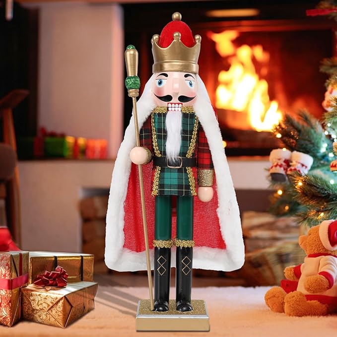 Christmas Nutcracker Decorations Nutcracker Figure 15 Inch Wooden Nutcrackers Collectible Ornament Nutcrackers Soldier for Table Desktop Home Christmas Decor Xmas Indoor Decor Checked clothes Red cape