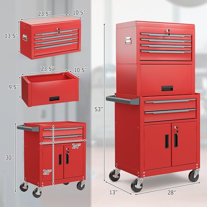 ERGOMASTER Large Rolling Tool-Chest with 6 Drawers Heavy Duty Tool-Box on Wheels Lockable and Lock System Cabinet for Garage Workshop(28 x 13 x 53''-Red)