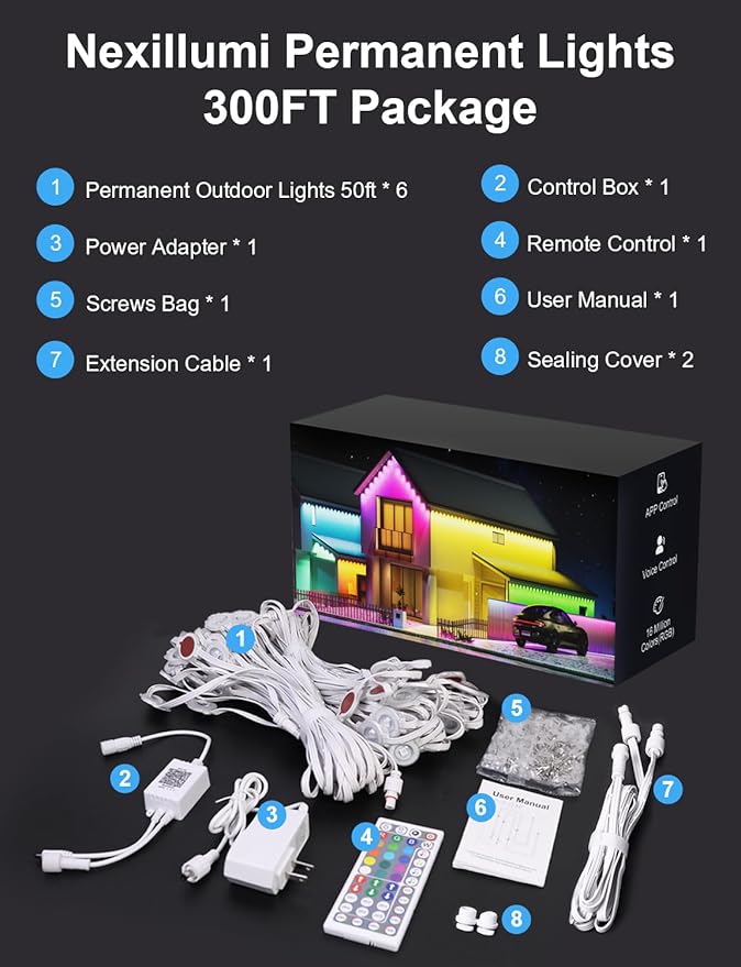 Nexillumi 300ft Permanent Outdoor Lights for House, 2025 New Smart RGB Christmas Lights Outdoor with APP Remote Control, IP67 Waterproof Eternity Eaves Lighting for Halloween Christmas Decorations