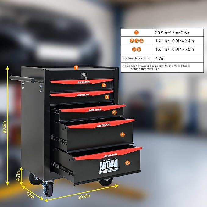 RYH 5 Drawers Rolling Tool Chest - Heavy Duty Mobile Tool Cart with Locking Wheels & Ball Bearing Drawers 30.5 H x 20.9 W x 13 D, Garage Tool Storage Cabinet (Black, 5 Drawers)