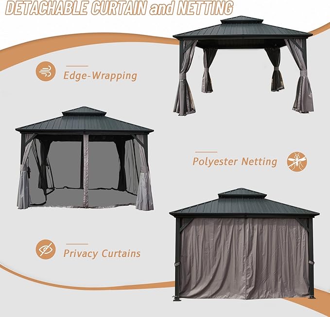 Domi 12' x 12' Hardtop Gazebo Permanent Aluminum Metal Gazebo with Galvanized Steel Double Roof Canopy, Curtains, and Netting for Patio, Backyard, Deck, Lawn