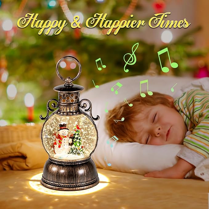 Christmas Snow Globes, Glittering Christmas Music Box Snowman Christmas Trees with 8 Songs & 6H Timer, USB Powered & Battery Operated Christmas Lanterns for Indoor Holiday Table Party Gifts