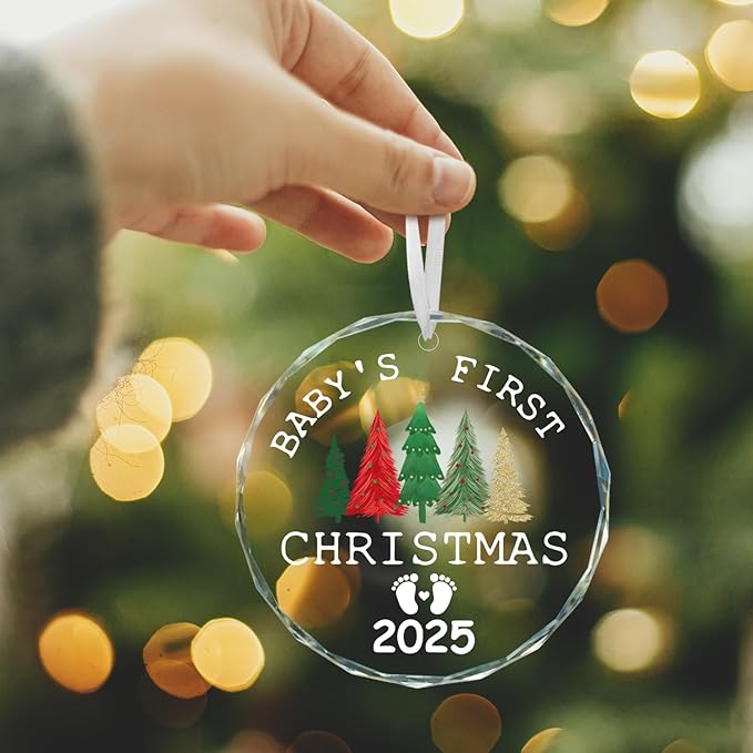 Horaldaily 3.15" Christmas Trees Glass Ornament 2025- Baby's First Christmas Round Decor - Xmas Tree, Holiday Presents, Gift Exchange Ideas Hanging Decor for New Mom New Dad