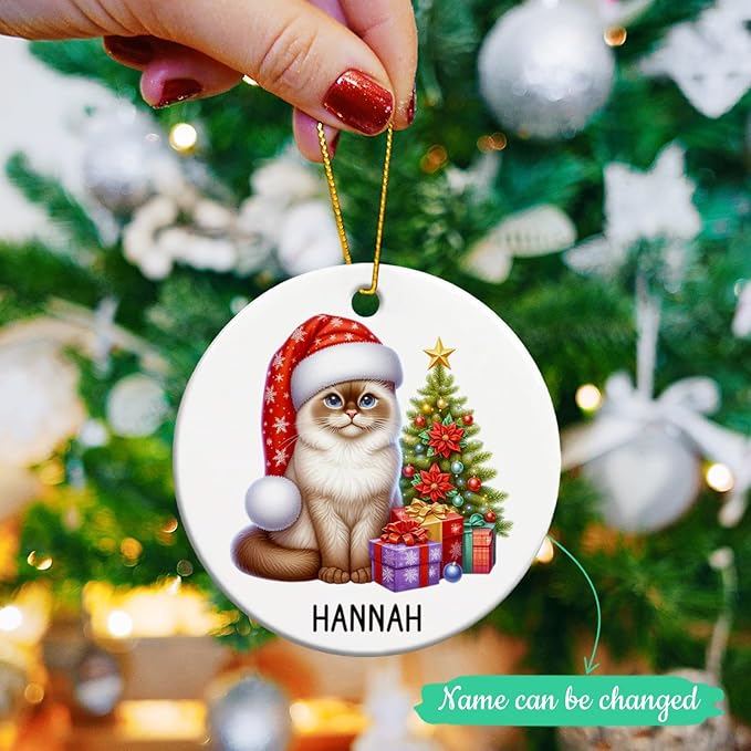 Customized Burmese Christmas Tree Ornament with Name, Personalized Burmese in Santa Hat Ceramic Ornaments, Cat Pet Christmas Ornament 2025, Cat Xmas Decor Gift for Pet Lover Kid Son Daughter