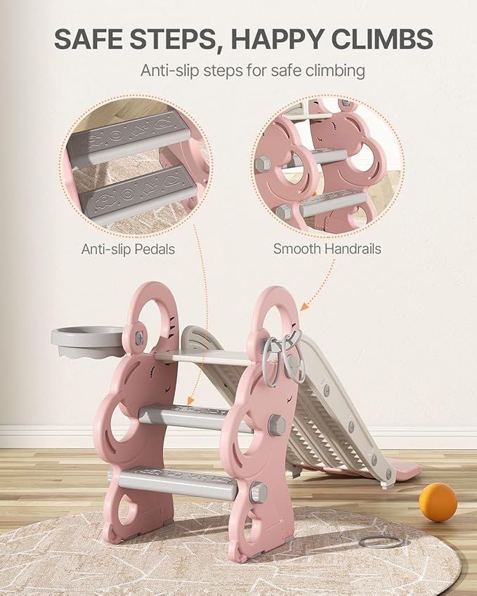 Babytronic Toddler Slide, Kids Indoor Outdoor Playset with Basketball Hoop & Ring Toss, Foldable Baby Plastic Slide, Outdoor Playground Climber Slide (Pink&White)