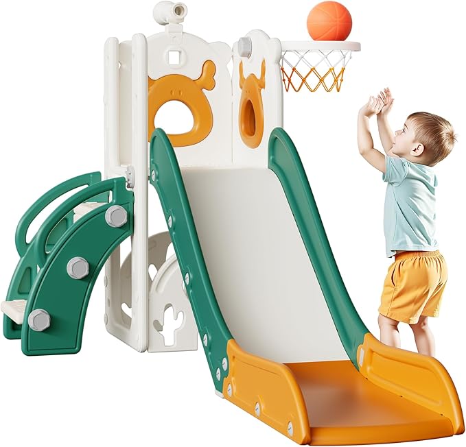 Mloong 7 in 1 Toddler Slide, Kids Slide for Toddlers Baby 1-3 Years Old, Indoor and Outdoor with Basketball Hoop Upgraded Golf, Plastic Slides for Kids Elk Theme(Yellow & Green)(28×62×39in)