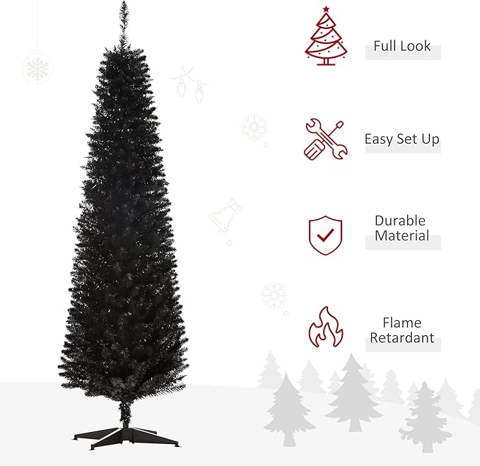 HOMCOM 6' Artificial Pencil Christmas Tree, Slim Xmas Tree with 390 Realistic Branch Tips and Plastic Stand, Black