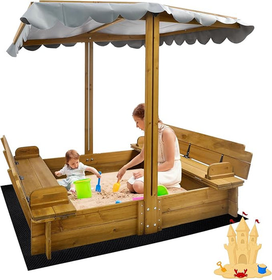 Kids Sandbox with Lid, Wooden Sand Box with Cover Outdoor, UV-Protection & Natural Wood, Foldable Bench Seat, Adjustable Canopy, Sand Box for Kids Ages 2-8£¨47x47in£©