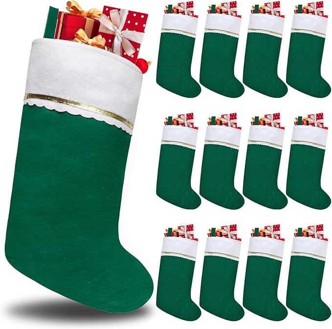 12 Pack Felt Christmas Stockings, 19 Inches Green and White Christmas Stockings, White Cuff with Gold Trim Christmas Stockings for Family Christmas Holiday Decorations