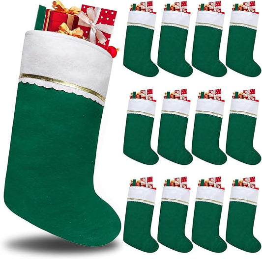 12 Pack Felt Christmas Stockings, 19 Inches Green and White Christmas Stockings, White Cuff with Gold Trim Christmas Stockings for Family Christmas Holiday Decorations
