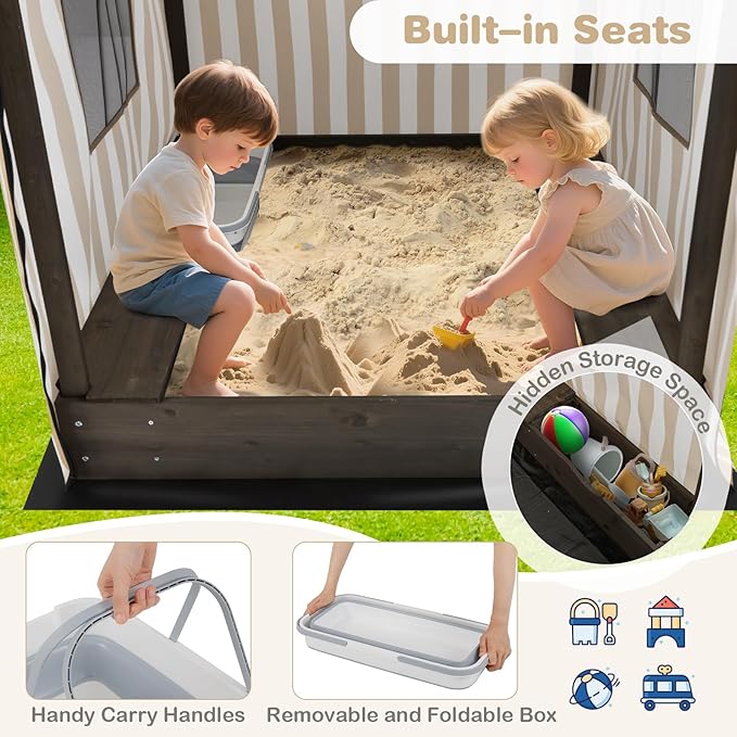 Costzon Kids Wooden Sandbox with Canopy, Large Sand Pit w/Mesh Door, Windows, Bench Seats, Foldable Storage Box & Bottom Liner, Outdoor Playhouse for Children 3+ Years Old (Pink&White)
