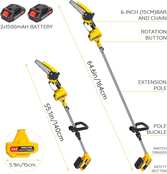 2 in 1 Cordless Pole Saw & Mini Chainsaw, 6-inch Brushless Electric Chainsaw with 2 Battery, 5.9 Ft MAX Reach Pole Saws for Tree Trimming, Tree Branch Cutter