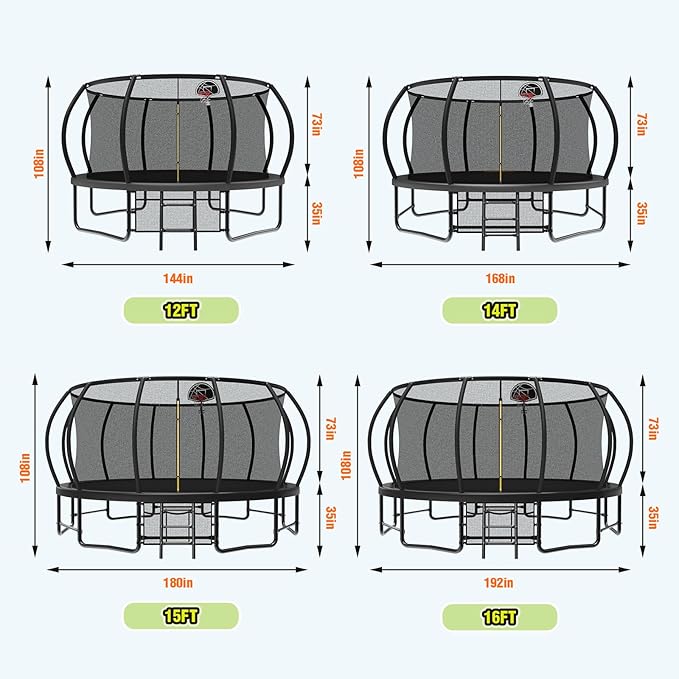 Lyromix 12 14 15 16FT Outdoor Trampolines for Kids and Adults, Pumpkin Trampolin with Curved Poles, Recreational Trampolin with Basketball Hoop and Safety Enclosure Net for Kids and Adults