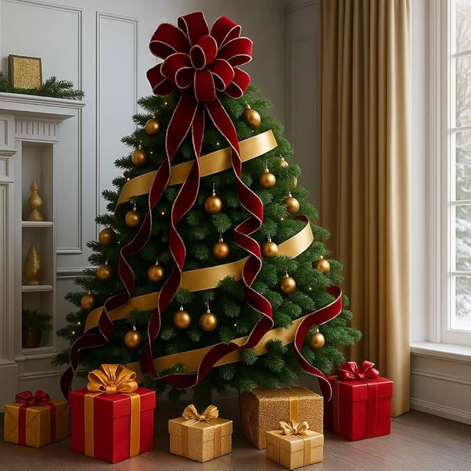 CT CRAFT LLC Red Wine Velvet Christmas Tree Topper Bow 11" with 4 Ribbon Streamers x 3 Yards Long Each for Holidy Elegant Fancy Home Décor Indoor