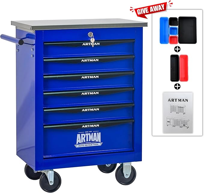 RYH 4/5/6/7 Drawers Rolling Tool Chest -Heavy Duty Mobile Metal Tool Box with Locking Wheels, with Stainless Steel Worktop, Garage Tool Storage Cabinet (Blue, 6-Drawers 30.7 H¡¿22.2 W)