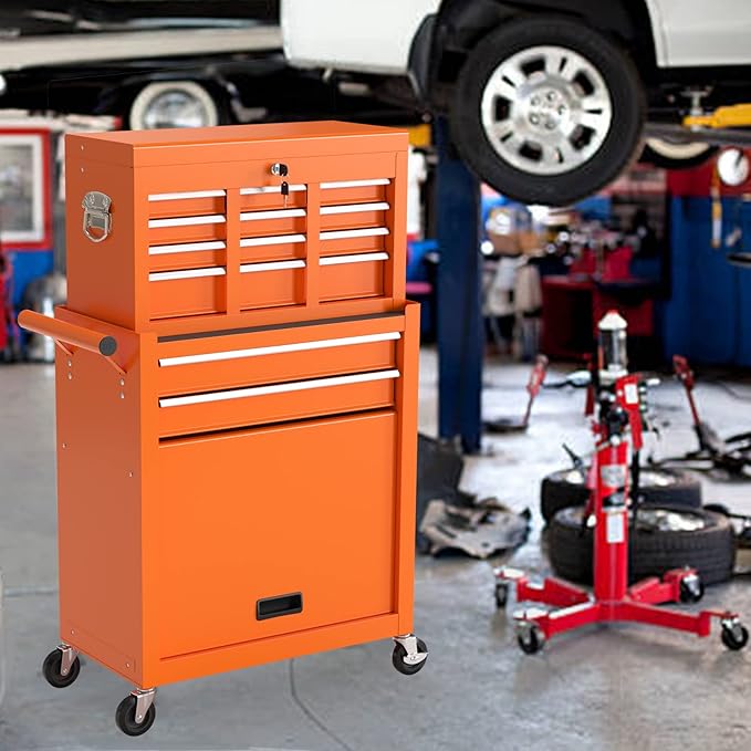 8-Drawer Rolling Tool Chest, High Capacity Removable Tool Storage Cabinet, Detachable Toolbox with Lock for Garage Warehouse and Tool Room (Orange)
