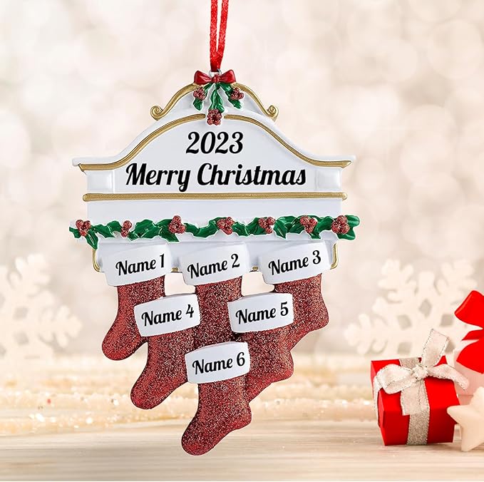 Personalized Christmas Ornaments 2023 Red Stocking Family of 2/3/4/5/6/7/8 Custom Christmas Ornament with Names Customized New Year Family Ornament for Christmas Tree Decor（Family of 6）