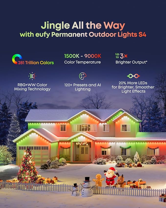 eufy Permanent Outdoor Lights S4, 3D Radar-Activated, 200ft with 144 LED Lights, Smart RGBWW for Halloween and Christmas Decorations, AI Light Themes, Music Mode, Matter Support, IP67 Waterproof