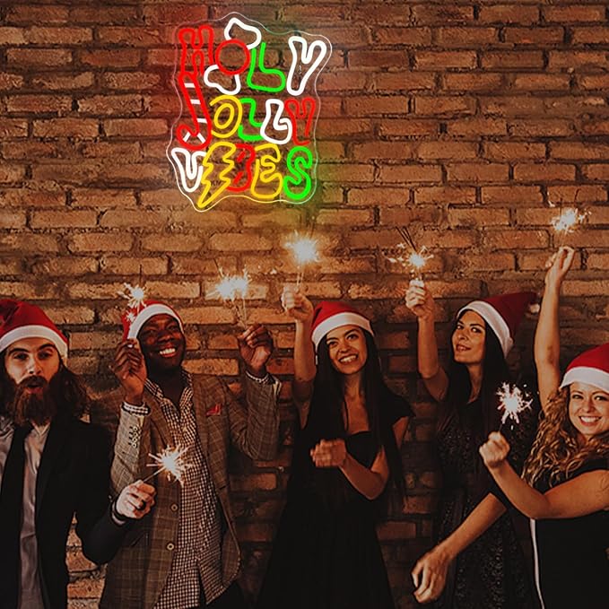 Horseneon Holy Jolly Vibes Neon Sign, Merry Christmas Neon Signs for Wall Decor, Christmas Tree Neon Light LED Sign with USB Powered for Christmas Party, Windows, Home Decor, Bedroom, Living room, Bar
