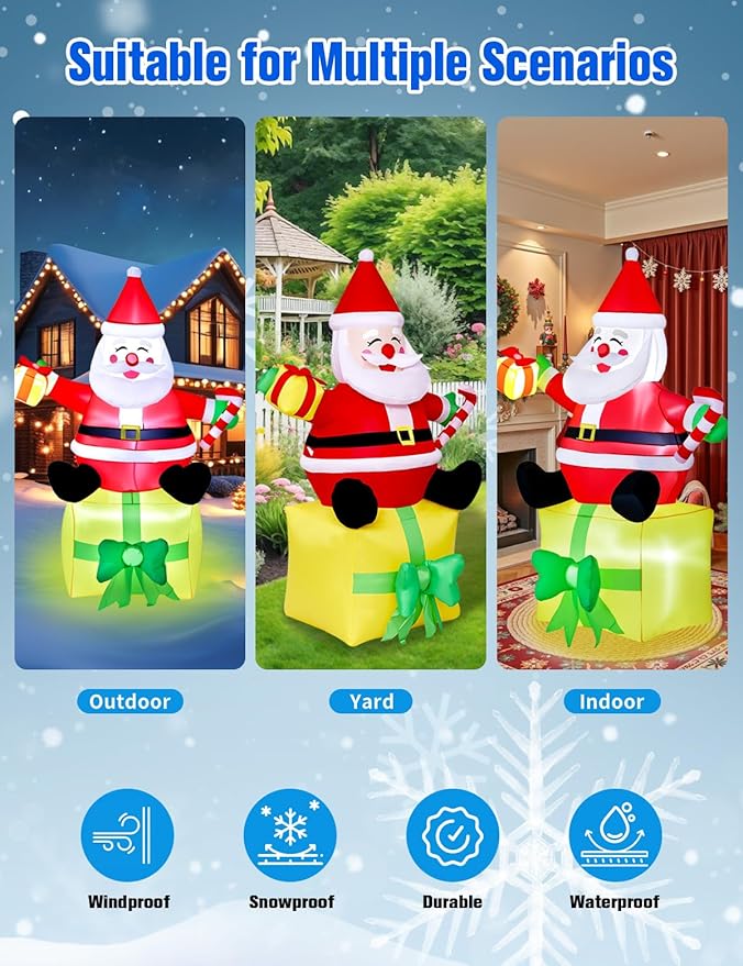6FT Christmas Inflatables Outdoor Decorations,Inflatable Santa Claus Sitting on Gift Box Build-in LED Light-Christmas Blow Up Yard Decorations for Holiday Garden Lawn Yard Patio