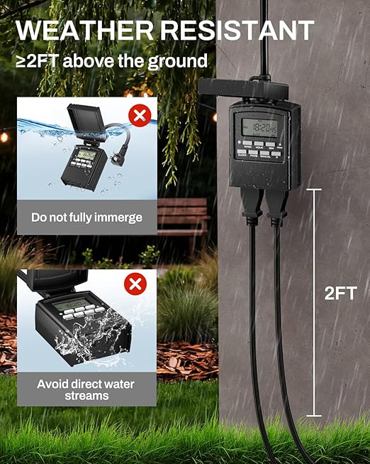 BN-LINK 7 Day Outdoor Heavy Duty Digital Programmable Timer, Outdoor Timer Outlet Waterproof, 2 Grounded Electrical Outlets for Christmas Lights, ETL Listed（2 Pack）