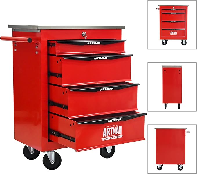 RYH 4/5/6/7 Drawers Rolling Tool Chest -Heavy Duty Mobile Metal Tool Box with Locking Wheels, with Stainless Steel Worktop, Garage Tool Storage Cabinet (Red, 4-Drawers 30.7 H¡¿22.2 W)