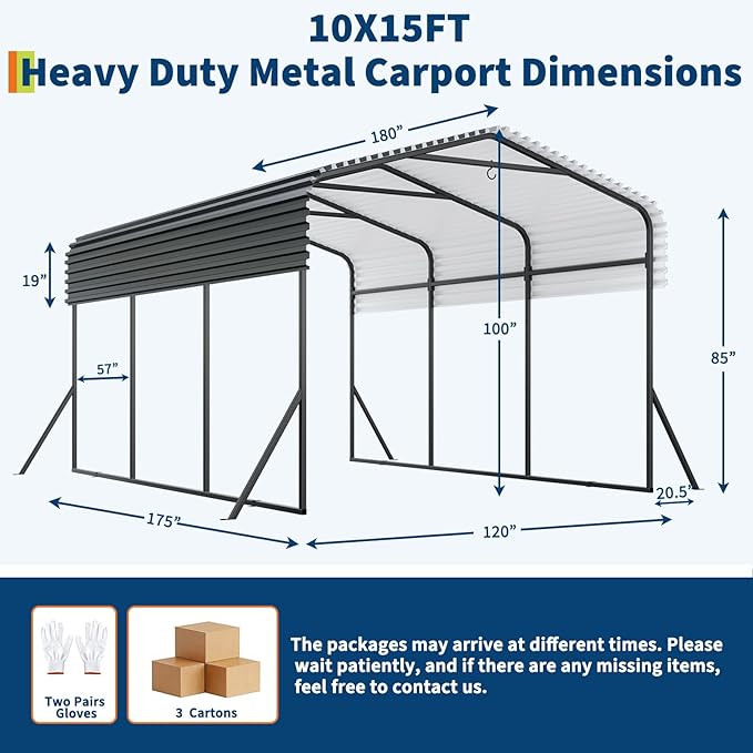 Metal Carport, 10x15 FT Outdoor Carport Canopy with Reinforced Base and Galvanized Steel Roof, Heavy Duty Garage Car Shelter Shade for SUV, Truck, Boats