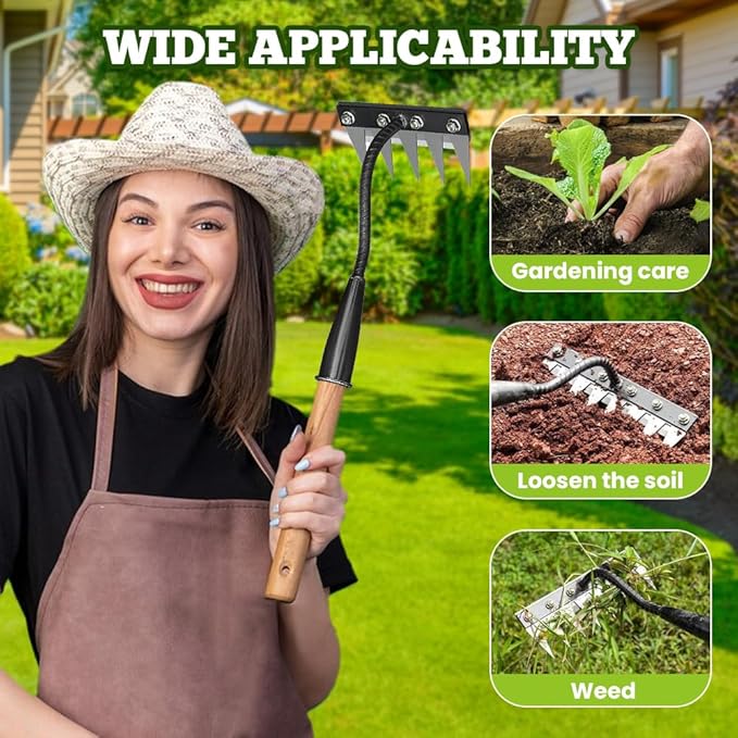 Iron Rake for Gardening and Weeding, 5/6/7/8 Teeth Heavy Duty Iron Weeding Rakes, Rake for Dethatching Lawn, Gardening Weed Puller Tool, Garden Weeding Tools for Backyard Lawn Loosening (6 teeths)