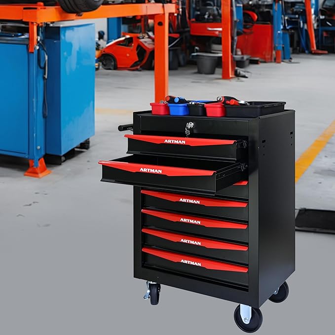 RYH 7 Drawers Rolling Tool Chest - Heavy Duty Mobile Tool Cart with Locking Wheels & Ball Bearing Drawers,30.5 H x 20.9 W x 13 D Garage Tool Storage Cabinet (Black, 7 Drawers)